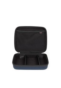 Custodia rigida di colore blu navy con interno nero, dotata di tasche in rete e tre scomparti divisori per una conservazione organizzata.