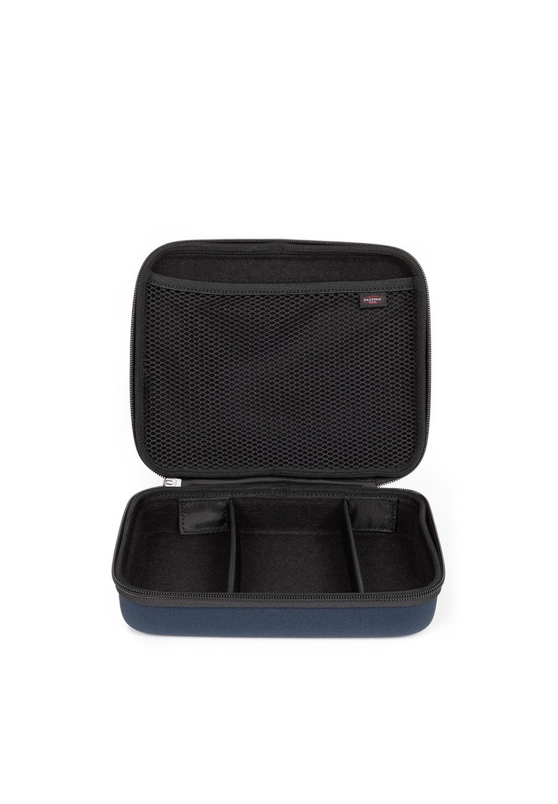 Custodia rigida di colore blu navy con interno nero, dotata di tasche in rete e tre scomparti divisori per una conservazione organizzata.