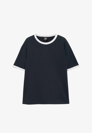 Navy blue short-sleeve T-shirt with white collar and sleeve cuffs, displayed on a white background.