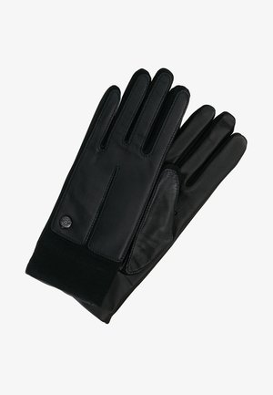 Schwarze Lederhandschuhe mit glatter Textur, ausgestattet mit einem Wildlederbund und dezenten Nahtdetails. Enthält einen kleinen Markenknopf am Handgelenk.
