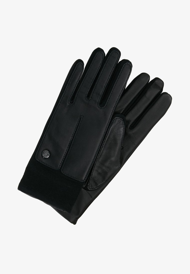 Guanti in pelle nera con una texture liscia, caratterizzati da un polsino in suede e dettagli di cucitura discreti. Include un piccolo bottone con marchio sul polso.