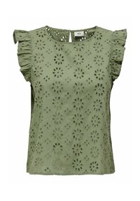 Maglietta verde oliva a maniche corte con motivi floreali intagliati, dettagli arricciati sulle spalle e scollatura rotonda. Realizzata in tessuto leggero.