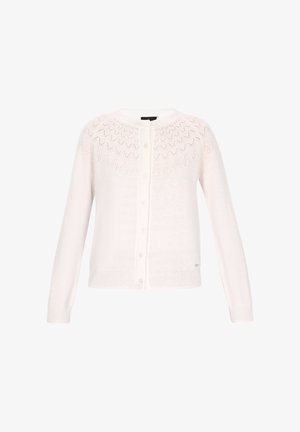 Biały kardigan wykonany z miękkiego materiału, z teksturowanym karczkiem w zygzaki, prążkowanymi mankietami, zapięciem na guziki z przodu oraz zaokrąglonym dekoltem.