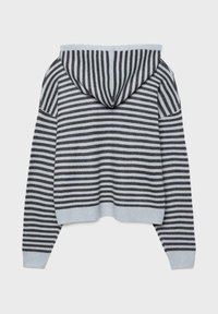 Gestreifter Kapuzenpullover in Grau und Hellblau. Mit einer vollen Kapuze, langen Ärmeln und geripptem Saum. Weiche Stricktextur mit vertikalen Streifen.