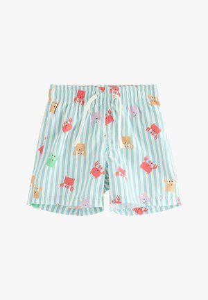 Vaaleansinivalkoiset raidalliset uimashortsit, joissa on valkoinen kiristysnauha ja värikäs sarjakuvarapujen ja meren eläinten kuvio.