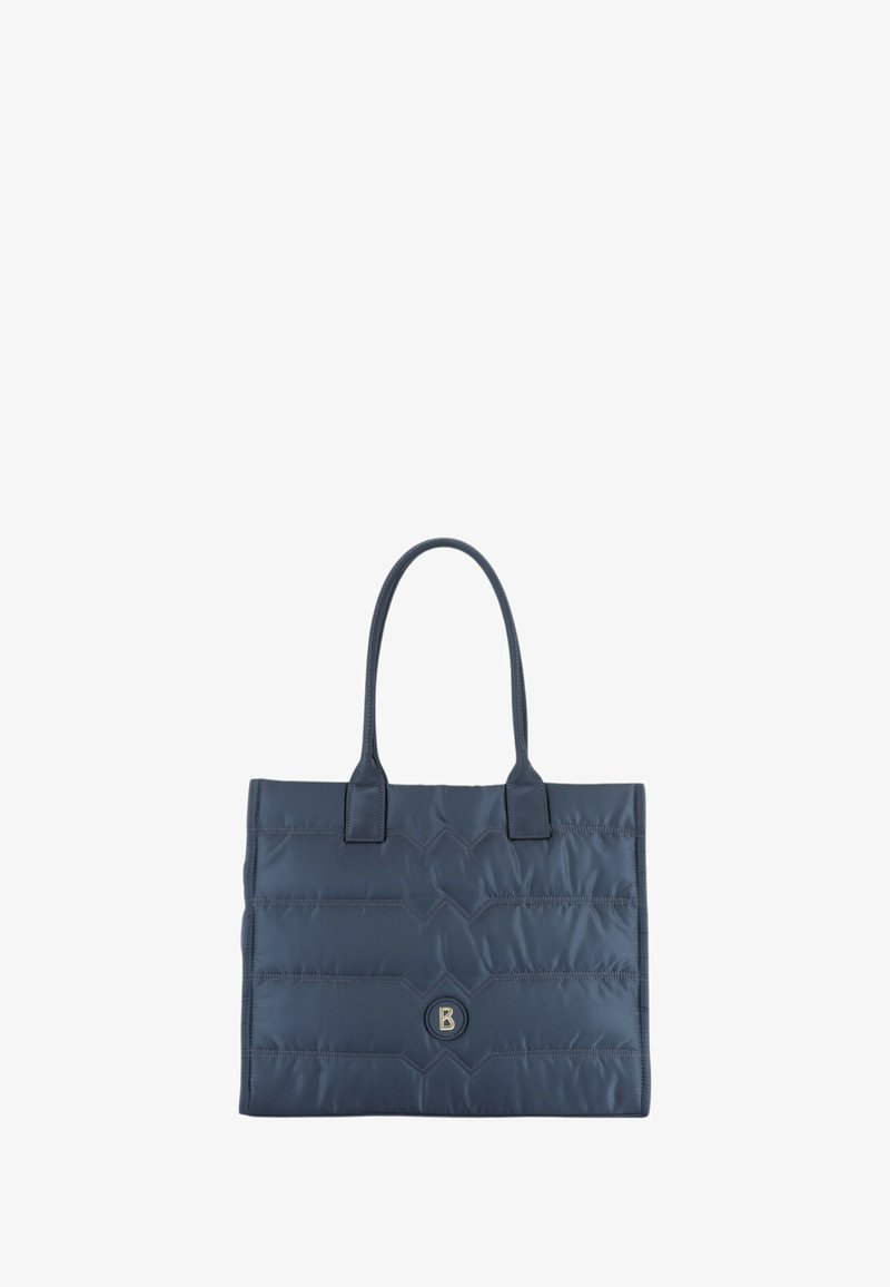 Sac fourre-tout rectangulaire matelassé bleu foncé avec deux anses et un badge logo circulaire au centre devant.