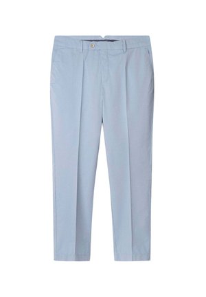 Jasnoniebieskie spodnie wykonane z gładkiego materiału, posiadające zamek błyskawiczny, pojedyncze zapięcie na guzik oraz dwie boczne kieszenie w prostym kroju nogawki.