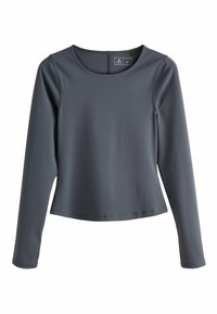 Langarmshirt in Dunkelgrau, aus glattem Stoff gefertigt. Verfügt über einen runden Ausschnitt und sichtbare Nähte entlang der Ärmel und des Saums.