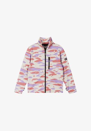 Veste avec motif camouflage rose, violet et blanc, fermeture éclair noire au centre et poche poitrine, col montant, et écusson logo sur la manche gauche.