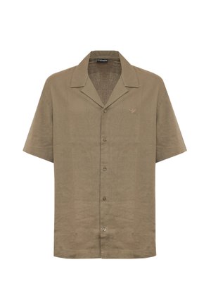Chemise à manches courtes en lin olive. Dotée d'un col à revers et d'un logo subtil. Texture lisse avec une coupe décontractée.