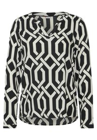 Langarm blouse in zwart-wit met een geometrisch patroon. Heeft een V-halslijn en een relaxte pasvorm, gemaakt van lichtgewicht stof.