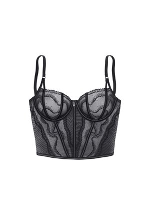 Black lace bra with structured cups, decorative scalloped edges, and a front zipper closure. Includes adjustable straps and a fitted silhouette.