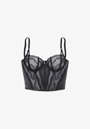 Schwarzer Spitzen-BH mit strukturierten Cups, dekorativen gewellten Kanten und einem Reißverschluss vorne. Beinhaltet verstellbare Träger und eine taillierte Silhouette.