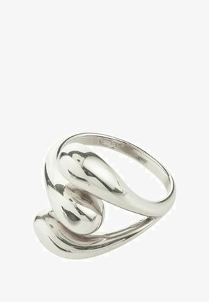 Silver ring with a smooth, curved design featuring intertwining shapes and a polished finish, creating a fluid, modern appearance.