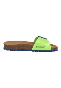Cork footbed slide sandal in neon green with a glossy finish and black buckle accent. Blue rubber sole. Brand logo on the side.