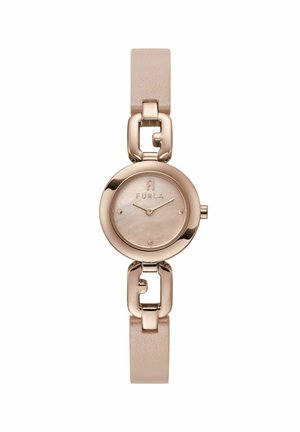 Reloj de pulsera redondo Furla de oro rosa con correa de cuero beige y esfera minimalista que muestra el nombre de la marca y dos manecillas sin números.