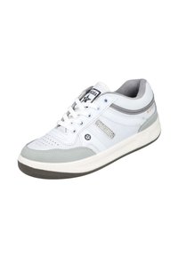 Zapatillas deportivas blancas con detalles en gris, puntera perforada, diseño con cordones, suela de goma y detalle de logo en el lateral.