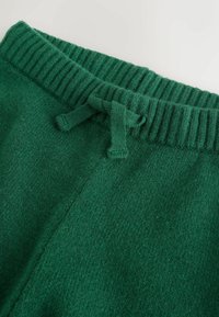 Zaļš trikotāžas džemperis ar ribotu jostasvietu un aukliņu. Tekstūra izskatās mīksta ar viegli pūkainu virsmu.