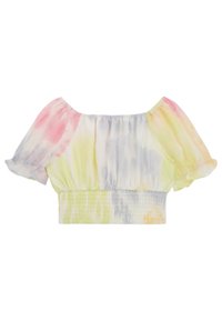 Cropped-Top mit schulterfreien Trägern und pastellfarbenem Batikmuster in Rosa, Gelb und Blau. Mit puffartigen Ärmeln und gesmoktem elastischem Bund.