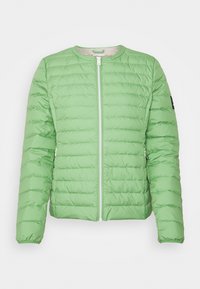 Light green puffer jacket with quilted texture, round neckline, and front zipper. Features long sleeves and a logo patch on the left arm.