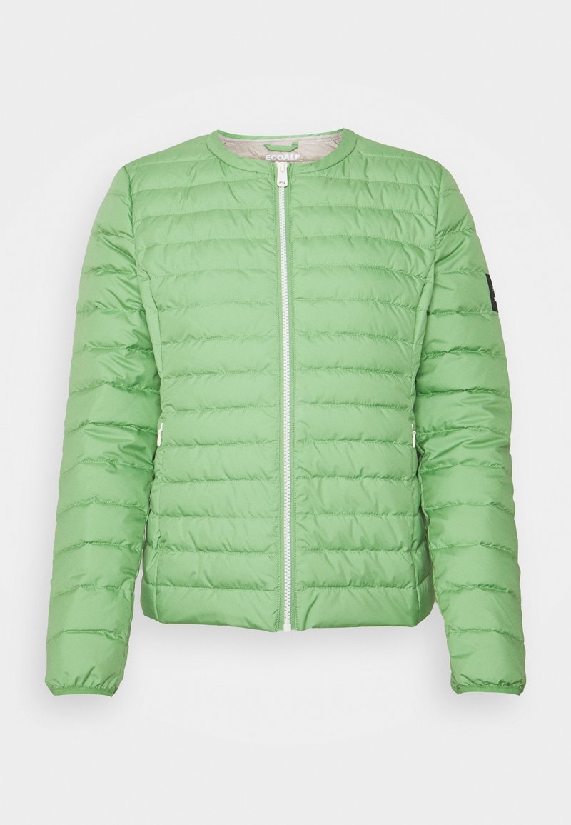 Light green puffer jacket with quilted texture, round neckline, and front zipper. Features long sleeves and a logo patch on the left arm.