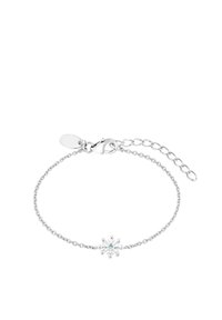 Bracciale in argento con design a fiocco di neve e una pietra azzurra centrale. Lunghezza regolabile con chiusura a moschettone.
