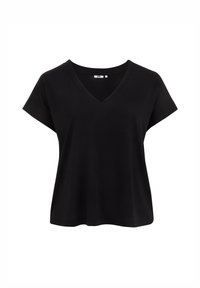 T-shirt nera a V con collo, realizzata in tessuto morbido, con maniche corte, una vestibilità ampia e senza fantasie o decorazioni.