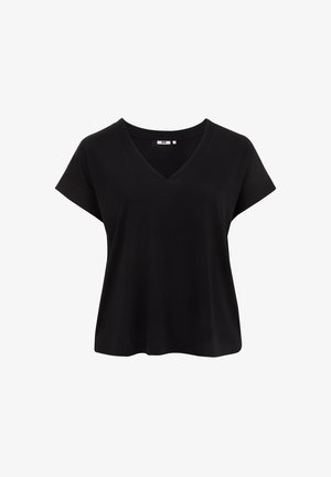 Crna majica kratkih rukava s V-izrezom od mekog materijala. Ima opušteni kroj i diskretno šivanje duž izreza i donjeg ruba.