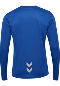 Langarm sportshirt in effen blauw met een ronde halslijn, voorzien van een gestructureerde stof en een zilveren chevronontwerp op de onderrug.