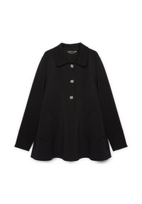 Manteau noir avec un col arrondi, cinq boutons rayés, deux poches avant et une coupe évasée, fabriqué à partir d'un tissu lisse.
