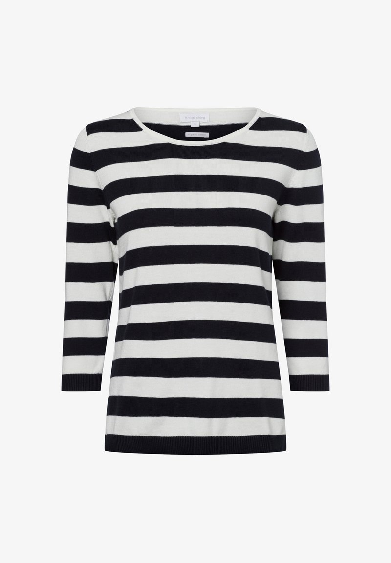 Schwarz-weißer gestreifter Langarm-Oberteil mit rundem Halsausschnitt. Das Material wirkt gestrickt und weist abwechselnd dicke und dünne horizontale Streifen auf.