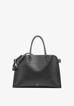 Czarna skórzana torebka o zdefiniowanym kształcie, z podwójnymi uchwytami u góry, regulowanym paskiem na ramię oraz subtelnym srebrnym akcentem logo. Gładka faktura.