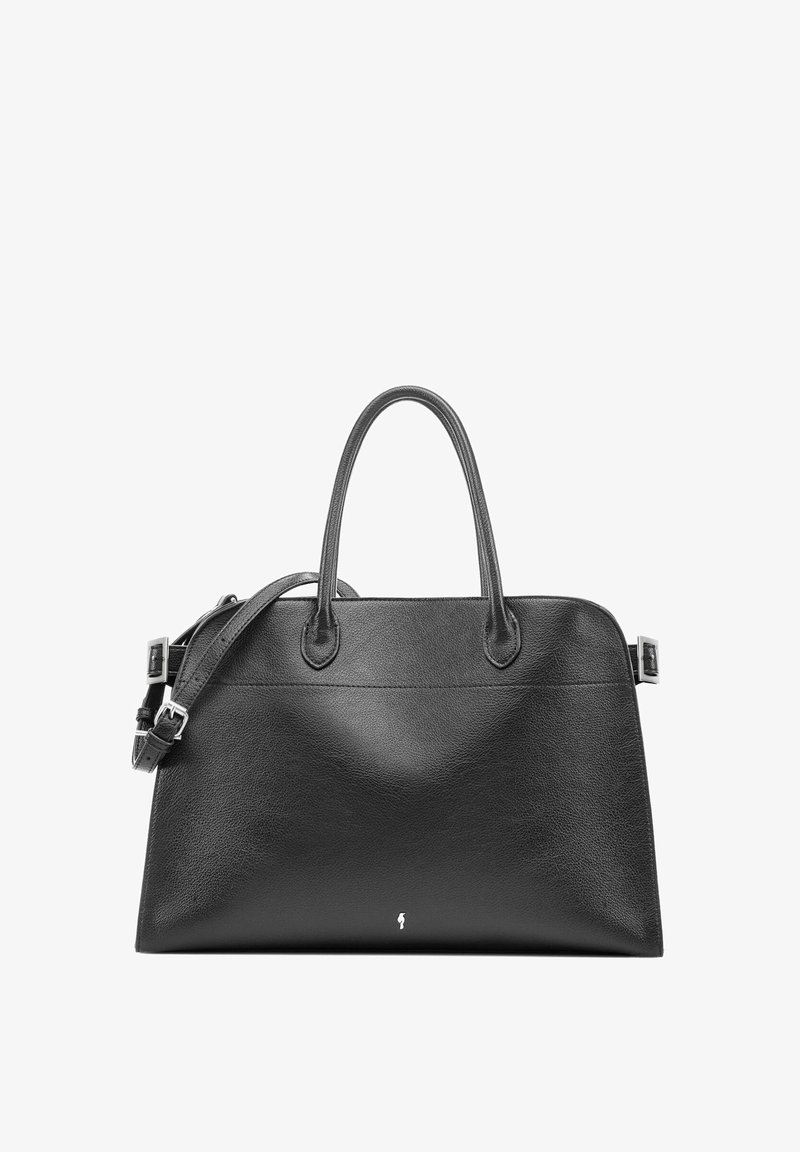 Czarna skórzana torebka o zdefiniowanym kształcie, z podwójnymi uchwytami u góry, regulowanym paskiem na ramię oraz subtelnym srebrnym akcentem logo. Gładka faktura.