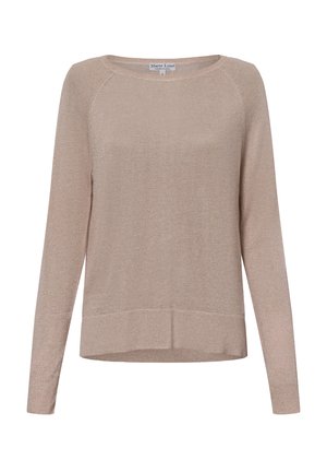 Beiger Langarmpullover mit einer weichen, glänzenden Textur, Rundhalsausschnitt und geripptem Saum. Verfügt über einen lockeren Schnitt und Raglanärmel.