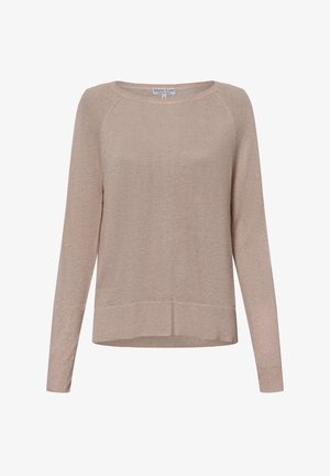 Beiger Langarmpullover mit einer weichen, glänzenden Textur, Rundhalsausschnitt und geripptem Saum. Verfügt über einen lockeren Schnitt und Raglanärmel.