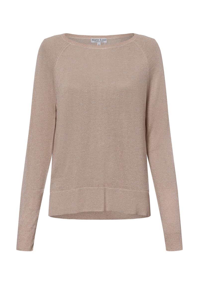 Beiger Langarmpullover mit einer weichen, glänzenden Textur, Rundhalsausschnitt und geripptem Saum. Verfügt über einen lockeren Schnitt und Raglanärmel.