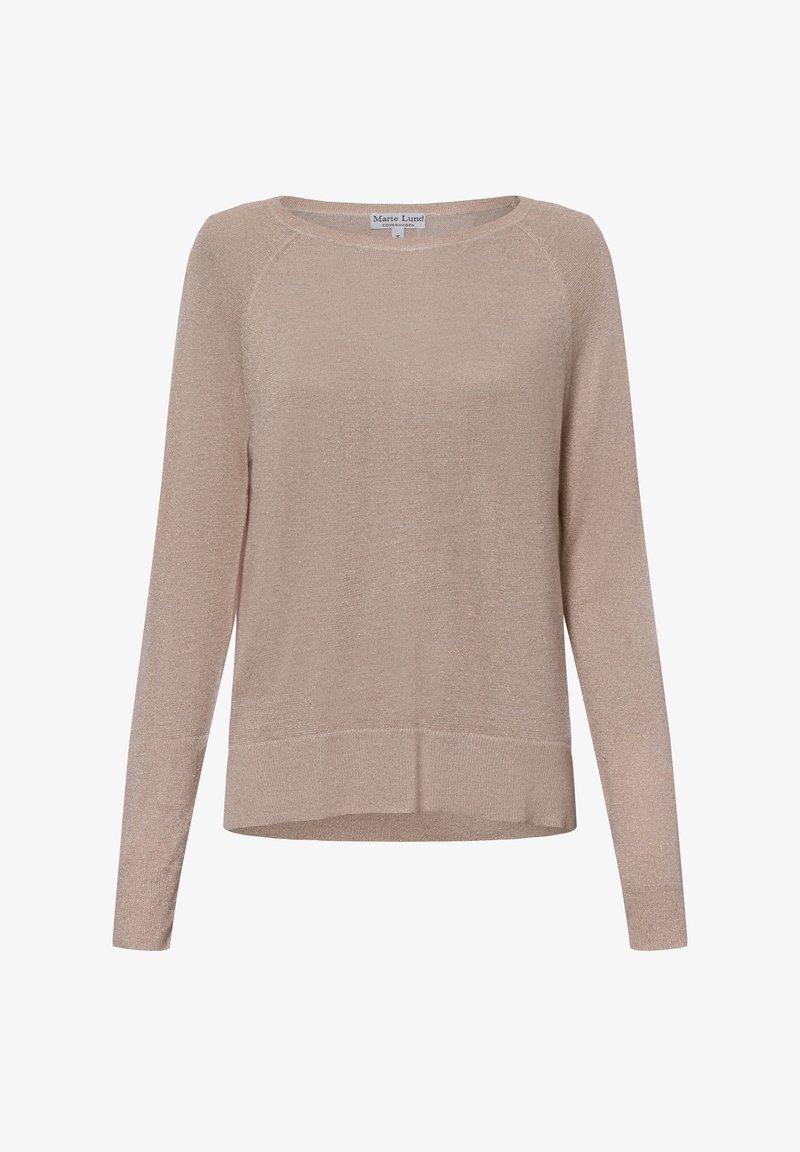 Beiger Langarmpullover mit einer weichen, glänzenden Textur, Rundhalsausschnitt und geripptem Saum. Verfügt über einen lockeren Schnitt und Raglanärmel.