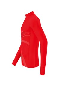 Maglietta sportiva rossa a maniche lunghe con colletto alto, caratterizzata da una texture liscia e da sottili motivi a onde sul davanti. Design aderente.