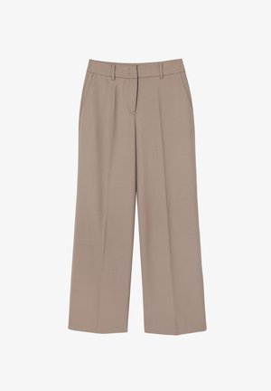 Beežid laiad püksid, valmistatud kudumist kangast, millel on lame esitasku, küljetaskud ja kohandatud vöödisain.