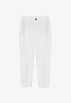 Fehér, testre szabott nadrágok első redőkkel, oldalzsebekkel, gombos záródással és bokánál mandzsettával.