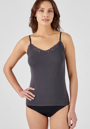 Gray camisole with adjustable straps and a lace trim along the neckline. Soft, stretchy fabric with a fitted silhouette. Black brief shown.