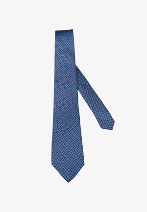 Blauwe stropdas met een geometrisch patroon van in elkaar grijpende lijnen en kleine rode vierkantjes die gelijkmatig verspreid zijn.