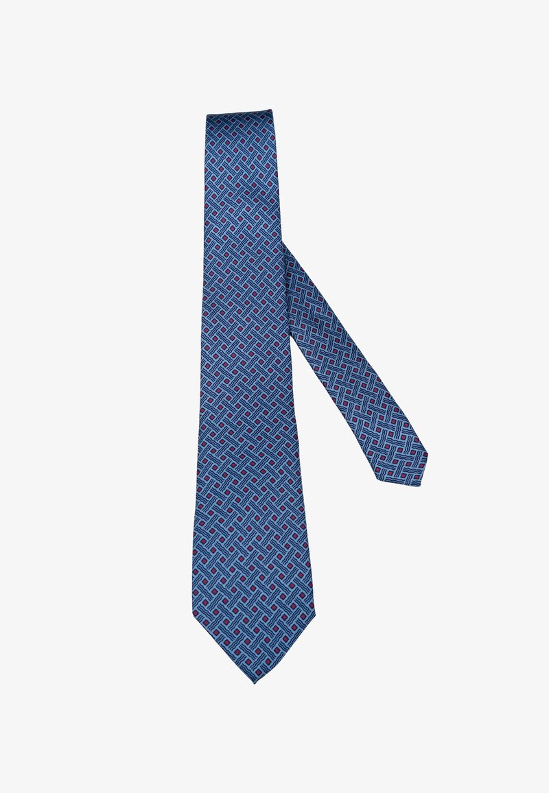 Sininen solmio, jossa on geometrinen kuvio, jossa on keskenään liittyviä viivoja ja pieniä punaisia neliöitä tasaisesti sijoitettuina.