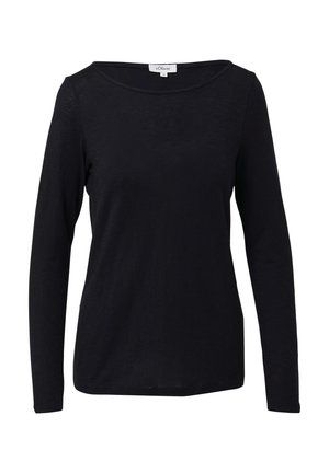 Schwarzes Langarmshirt aus einem weichen, leichten Stoff. Verfügt über einen weiten Ausschnitt und einen lockeren Schnitt, ohne sichtbare Muster oder Akzente.