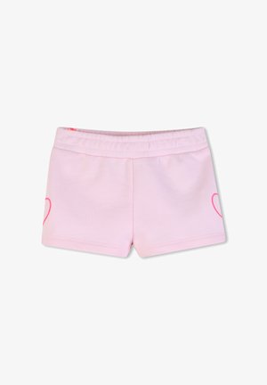 Shorts rose clair pour tout-petit avec une taille élastique et de petites silhouettes de cœurs roses de chaque côté sur un fond blanc.