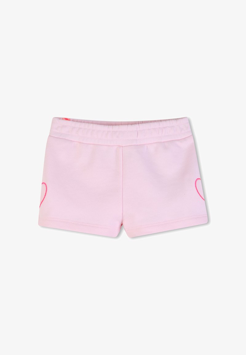 Shorts rose clair pour tout-petit avec une taille élastique et de petites silhouettes de cœurs roses de chaque côté sur un fond blanc.