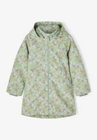 Imperméable vert clair à motifs floraux rose et bleu, doté d'une fermeture éclair à l'avant et d'une capuche, fabriqué dans un matériau léger et résistant à l'eau.
