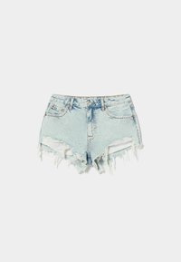 Ljusblå denimshorts med fransade kanter, hög midja, femficksdesign och knappstängning. Har en sliten textur.