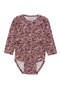 Langärmliger Bodysuit mit floralem Muster in Bordeaux, Rosa und Creme aus weichem Stoff. Enthält einen Druckverschluss und ein Markenetikett am Saum.