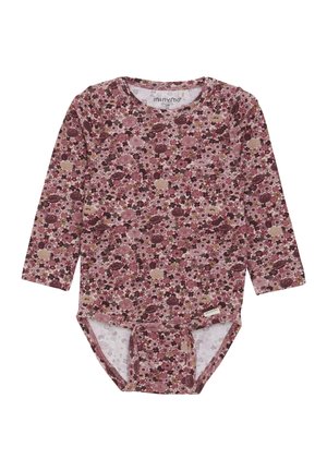 Langärmliger Bodysuit mit floralem Muster in Bordeaux, Rosa und Creme aus weichem Stoff. Enthält einen Druckverschluss und ein Markenetikett am Saum.